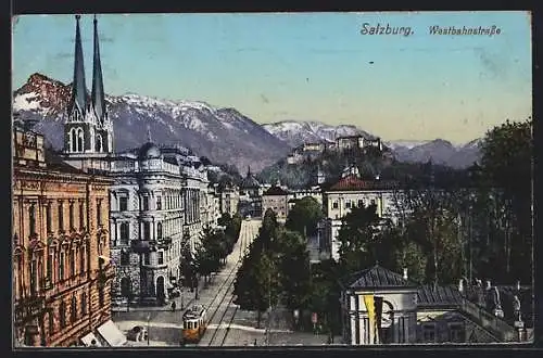 AK Salzburg, Westbahnstrasse mit Strassenbahn aus der Vogelschau
