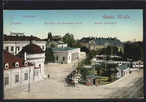 AK Baden /N.-Oe., Strassenbahn am Josefsplatz mit Josefsbad, Karolinen- und Frauenbad und Pension Landschaft