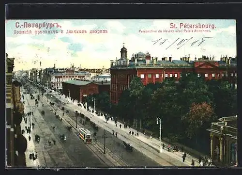AK St, Pétersbourg, Perspective du Nevsky avec Palais Anitchkov, Strassenbahn