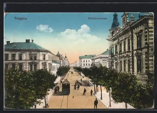 AK Troppau, Strassenbahn an der Olmützerstrasse