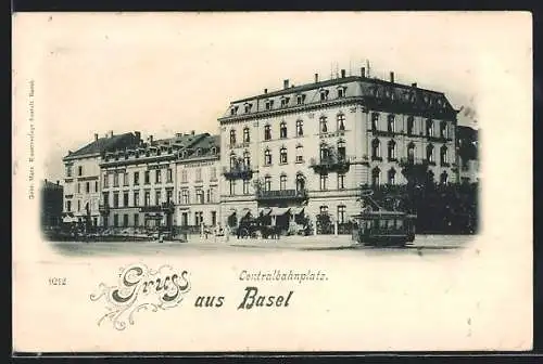 AK Basel, Centralbahnplatz, Hotel Euler und Jura Hotel mit passierender Strassenbahn