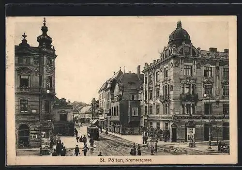 AK St. Pölten, Strassenbahn in der Kremserstrasse, Restaurant Kaiserkrone, Litfasssäulen