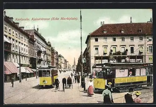AK Karlsruhe, Kaiserstrasse Ecke Marktplatz, Strassenbahn