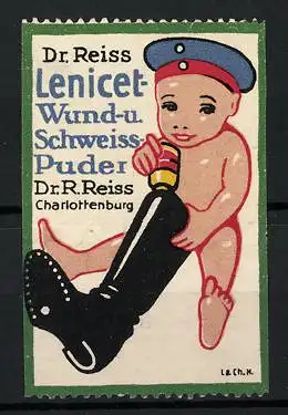 Reklamemarke Lenicet Wund- und Schweisspuder, Dr. R. Reiss, Berlin-Charlottenburg, Soldatenbube mit Stiefel