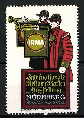 Reklamemarke Nürnberg, Internationale Reklame-Marken Ausstellung IRMA 1913, zwei Trompeter
