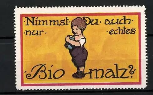 Reklamemarke Biomalz Kräftigungspräparat, Knabe mit Dose