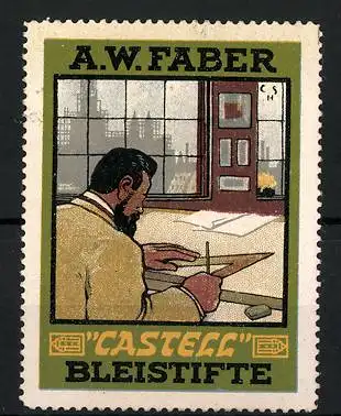 Reklamemarke Castell Bleistifte, A. W. Faber, Technischer Zeichner am Schreibtisch