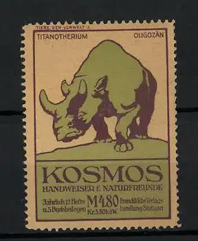 Reklamemarke Kosmos, Handweiser f. Naturfreunde, Serie: Tiere der Vorwelt, Titanotherium, Oligozän, Bild 3