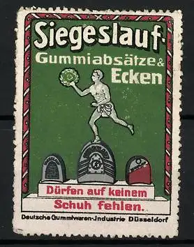 Reklamemarke Siegeslauf Gummiabsätze & Ecken, Deutsche Gummiwaren-Industrie Düsseldorf, Sportler steht auf einem Absatz