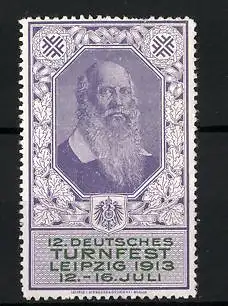 Reklamemarke Leipzig, 12. Deutsches Turnfest 1913, Portrait Turnvater Jahn, Wappen