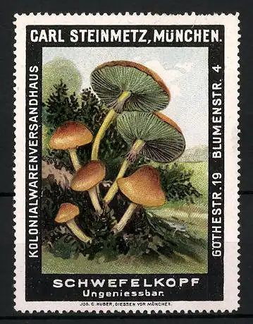 Reklamemarke Schwefelkopf, ungeniessbar, Kolonialwarenversandhaus Carl Steinmetz, München, Göthestr. 19, Blumenstr. 4