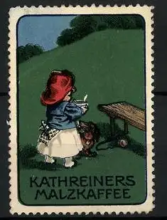 Reklamemarke Kathreiners Malzkaffee, Mädchen mit Dackel auf einer Wiese