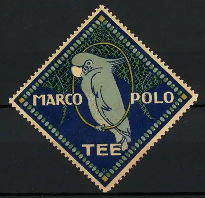 Reklamemarke Marco Polo Tee, Papagei sitzt im Ring