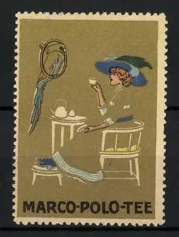 Reklamemarke Marco Polo Tee, Frau mit Teetasse, Papagei sitzt im Ring