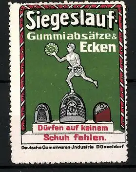 Reklamemarke Siegeslauf-Gummiabsätze & Ecken, Deutsche Gummiwaren-Industrie, Düsseldorf, Sportler steht auf einem Absatz