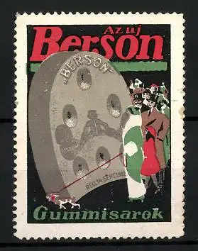 Reklamemarke Berson Gummisarok, Menschen blicken auf einen grossen Absatz