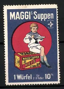 Reklamemarke Maggi's Suppenwürfel, Knabe sitzt mit seinem Teller auf einem Suppenwürfel