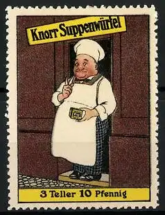 Reklamemarke Knorr Suppenwürfel, Koch mit Suppenwürfel in der Hand