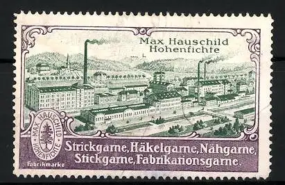 Reklamemarke Hohenfichte, Max Hauschild, Fabrik für Strick-, Häkel- und Nähgarne, Fabrikansicht