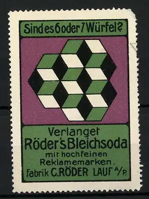 Reklamemarke Röder's Bleichsoda, Chem. Fabrik C. Röder, Lauf b. Nürnberg, Sind es 6 oder 7 Würfel?, Bilderrätsel