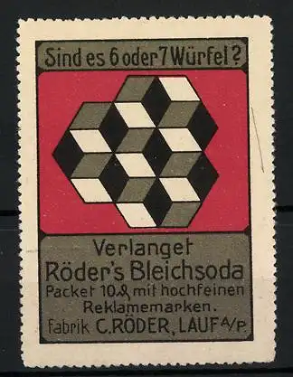Reklamemarke Röder's Bleichsoda, Chem. Fabrik C. Röder, Lauf b. Nürnberg, Sind es 6 oder 7 Würfel?, Bilderrätsel