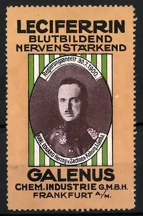 Reklamemarke Leciferrin Kräftigungspräparat, Galenus Chem. Industrie, Frankfurt, Herzog Karl Eduard von Sachsen-Koburg