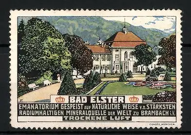 Reklamemarke Bad Elster, Emanatorium & Mineralquelle, Kurhaus