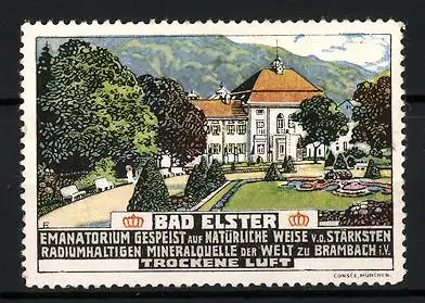 Reklamemarke Bad Elster, Emanatorium & Mineralquelle, Kurhaus