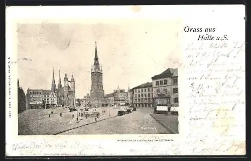 AK Halle a. S., Marktplatz mit Strassenbahn