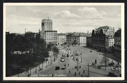 AK Leipzig, Rossplatz mit Europahaus und Strassenbahn