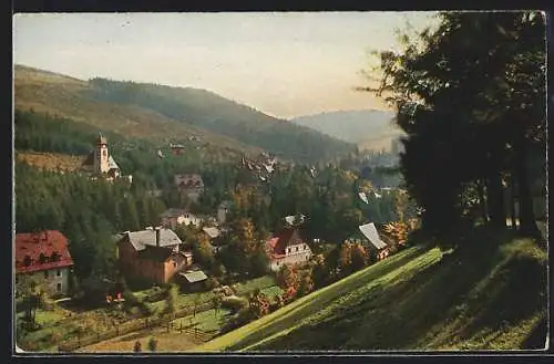 AK Kipsdorf i. sächs. Erzgeb., Blick von Ober-Kipsdorf nach Tal Kipsdorf uind den Höhenzügen