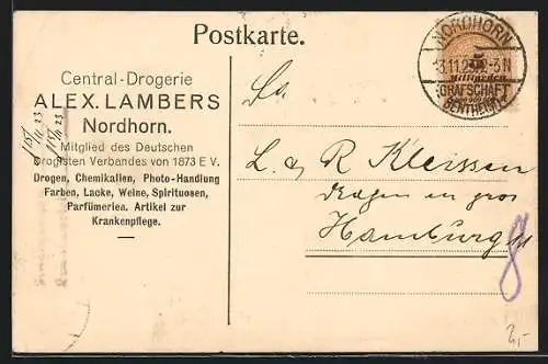 AK Nordhorn, Mitteilungskarte der Central-Drogerie Alex. Lambers, Mitglied des Deutschen Drogisten Verbandes e.V.