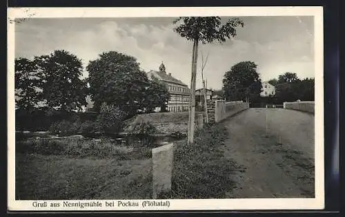 AK Nennigmühle bei Pockau, Brücke und Gebäude