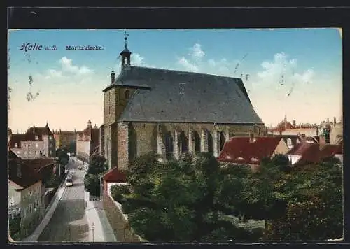 AK Halle a. S., Moritzkirche und Strassenbahn
