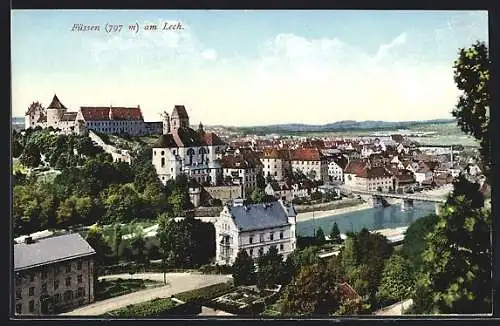 AK Füssen, Teilansicht mit Brücke über den Lech