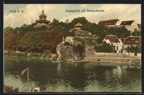 AK Halle a. S., Saalepartie mit der Bergschenke gegenüber der Burg Giebichenstein