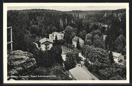 AK Schweizermühle / Sächs. Schweiz, Hotel Schweizermühle aus der Vogelschau