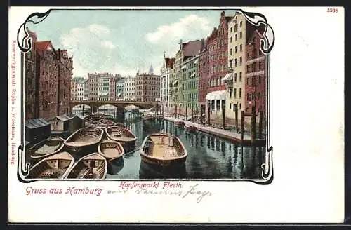 Lithographie Hamburg, Hopfenmarkt Fleeth, Brücke im Ort