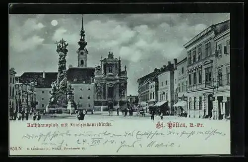 Mondschein-AK St. Pölten / N.-Oe., Rathausplatz mit Franziskanerkirche