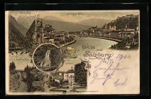 Lithographie Salzburg, Pass Lueg, Hellbrunn, Gaisberg-Bahn, Blick von Mülln