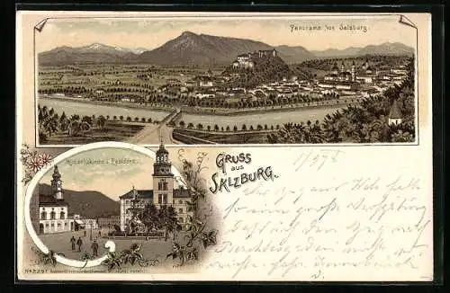 Lithographie Salzburg, Michaeliskirche und Residenz, Stadtpanorama