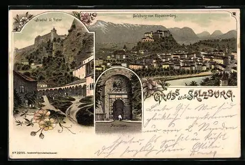 Lithographie Salzburg, Friedhof St. Peter, Neuthor, Ortsansicht vom Kapuzinerberg