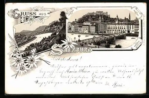 Lithographie Salzburg, Ortsansicht mit Schloss, Panorama, Edelweissblüten