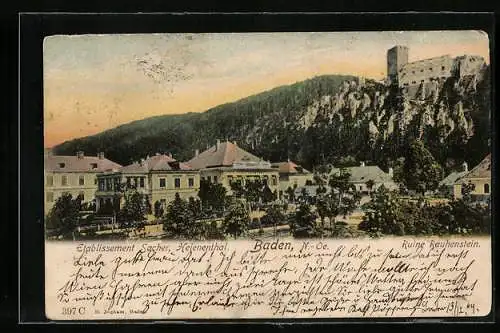AK Baden / N.-Oe., Etablissement Sacher und Ruine Rauhenstein