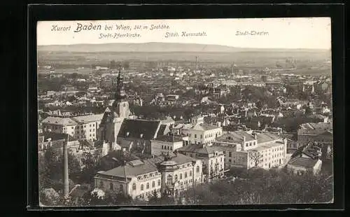 AK Baden bei Wien, Gesamtansicht mit Stadt-Pfarrkirche, Städt. Kuranstalt und Stadttheater