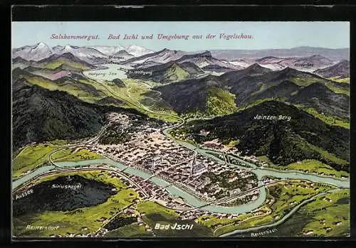 AK Bad Ischl / Salzkammergut, Totale mit Umgebung aus der Vogelschau, Blick nach Jainzen-Berg, Rettenbach und Traun