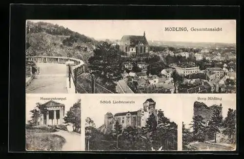 AK Mödling, Gesamtansicht, Husaren - Tempel, Burg Mödling, Burg Liechtenstein