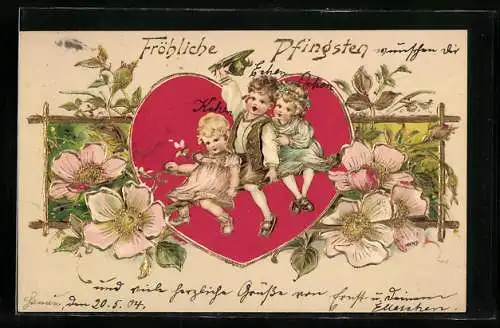 Präge-AK Kinder sitzen zu Pfingsten auf einem Zweig im Herzen