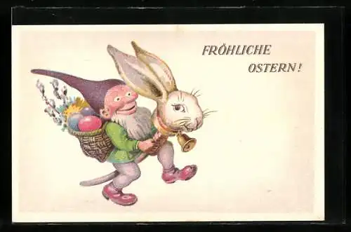 Künstler-AK Zwerg reitet zu Ostern auf Steckenpferd mit Hasenkopf