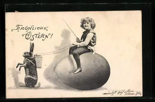 AK Osterhase zieht ein Kind auf einem Ei
